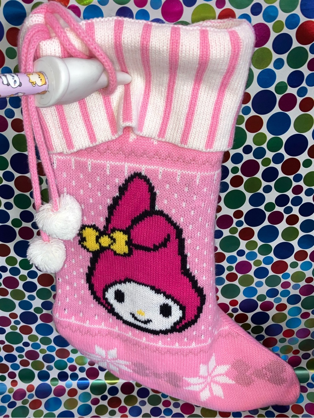 Sanrio my melody fair isle knit Christmas stocking pink white snowflake
